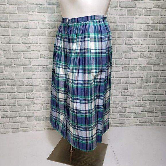 Vintage 80s Alfred Dunner M/L Blue Green White Plaid Button Front Midi Skirt USA - Picture 4 of 7